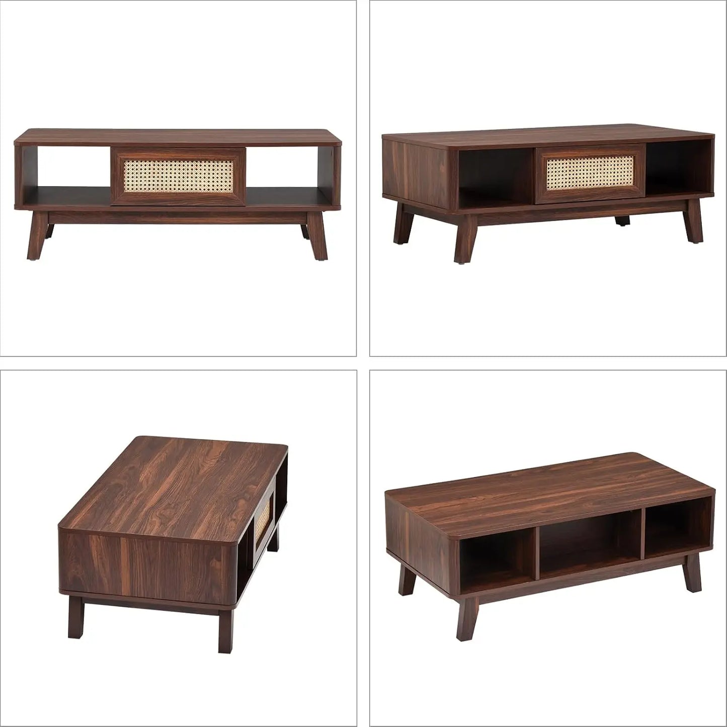 Mid Century Modern Coffee Table with Rattan Drawer for Living Room