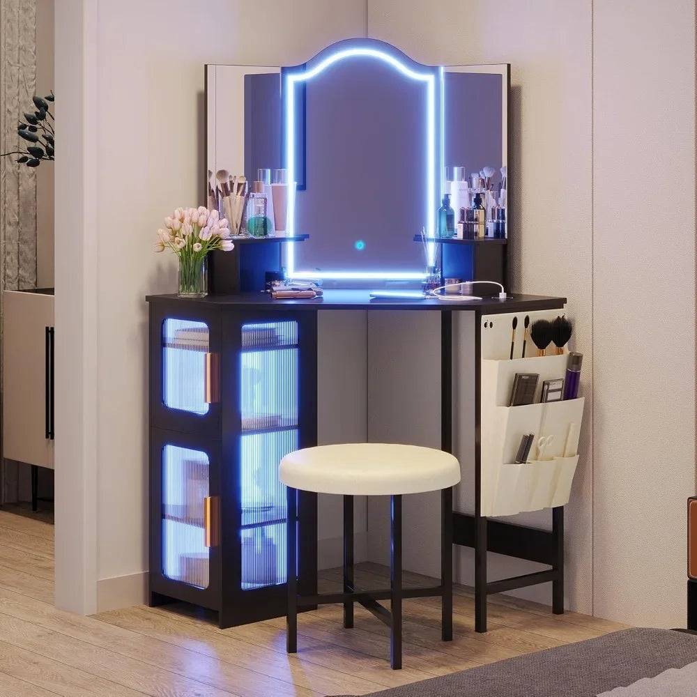 Corner Vanity Desk with Mirror LED Lights Makeup Charging Station