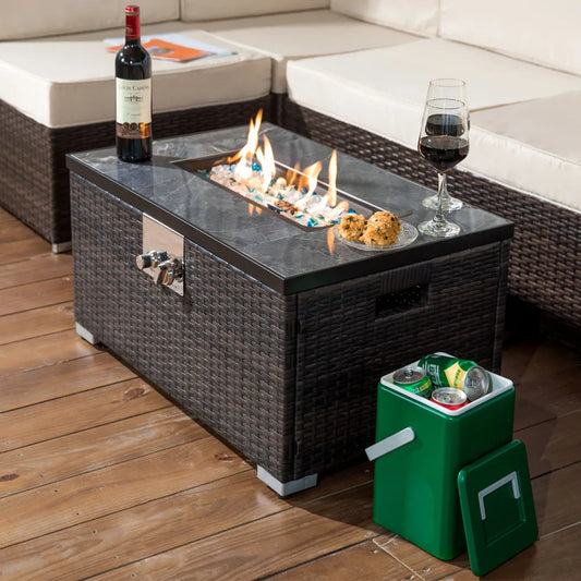 Outdoor Propane Fire Table Rattan Gas Fire Pit with Tile Top 40000BTU