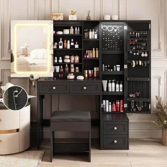 Makeup Vanity Desk with LED Mirror Jewelry Storage Charging Station