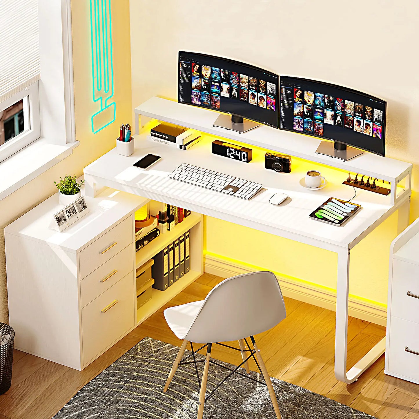 L-Shape Gaming Computer Desk with File Drawers for Home Office