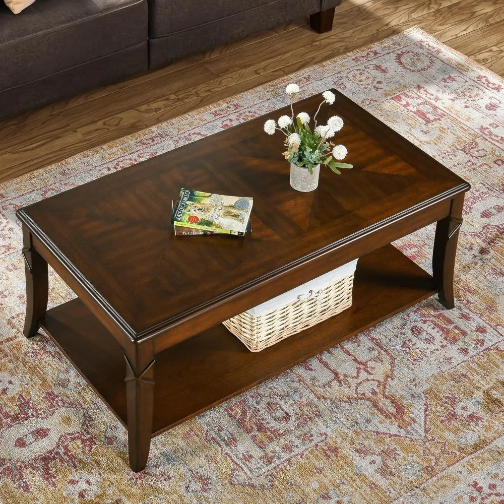 Solid Wood Coffee Table Mid-Century Storage Shelf Living Room Table