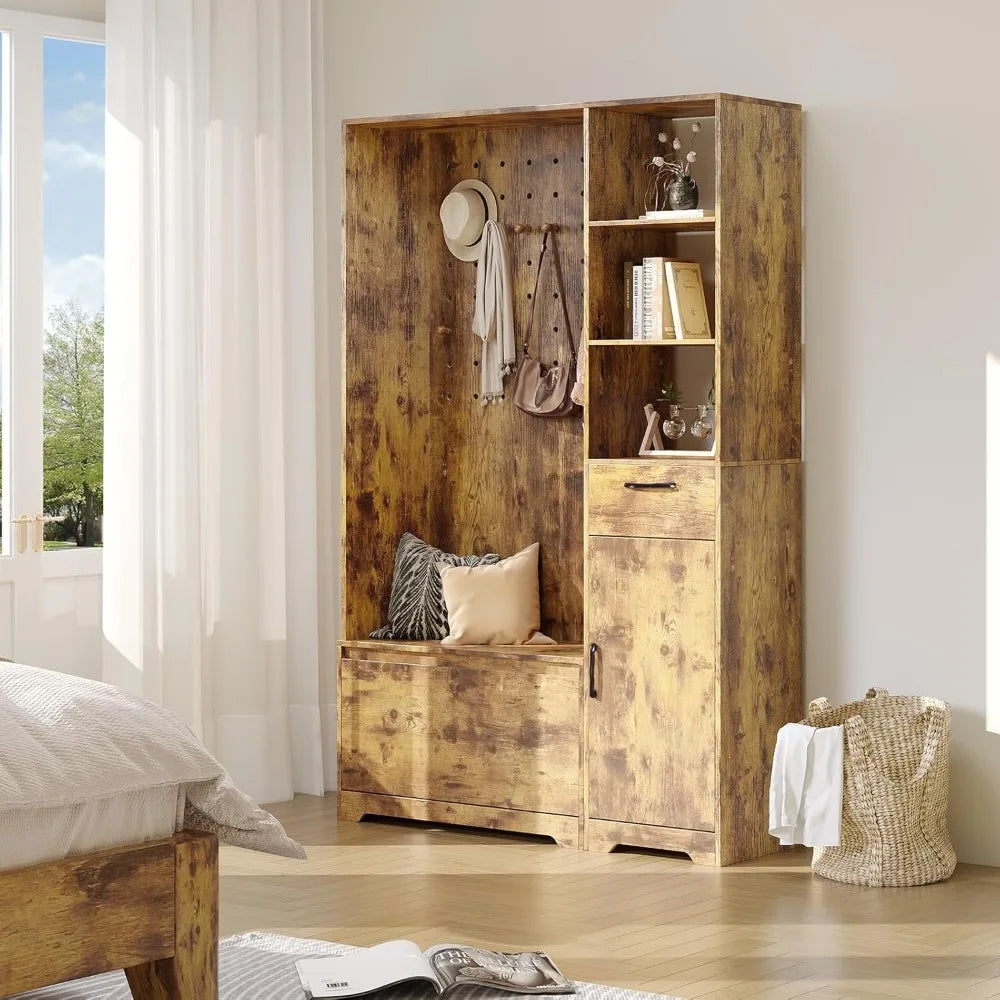 Hall Tree Bench Shoe Storage Coat Rack Entryway Organizer 6-in-1