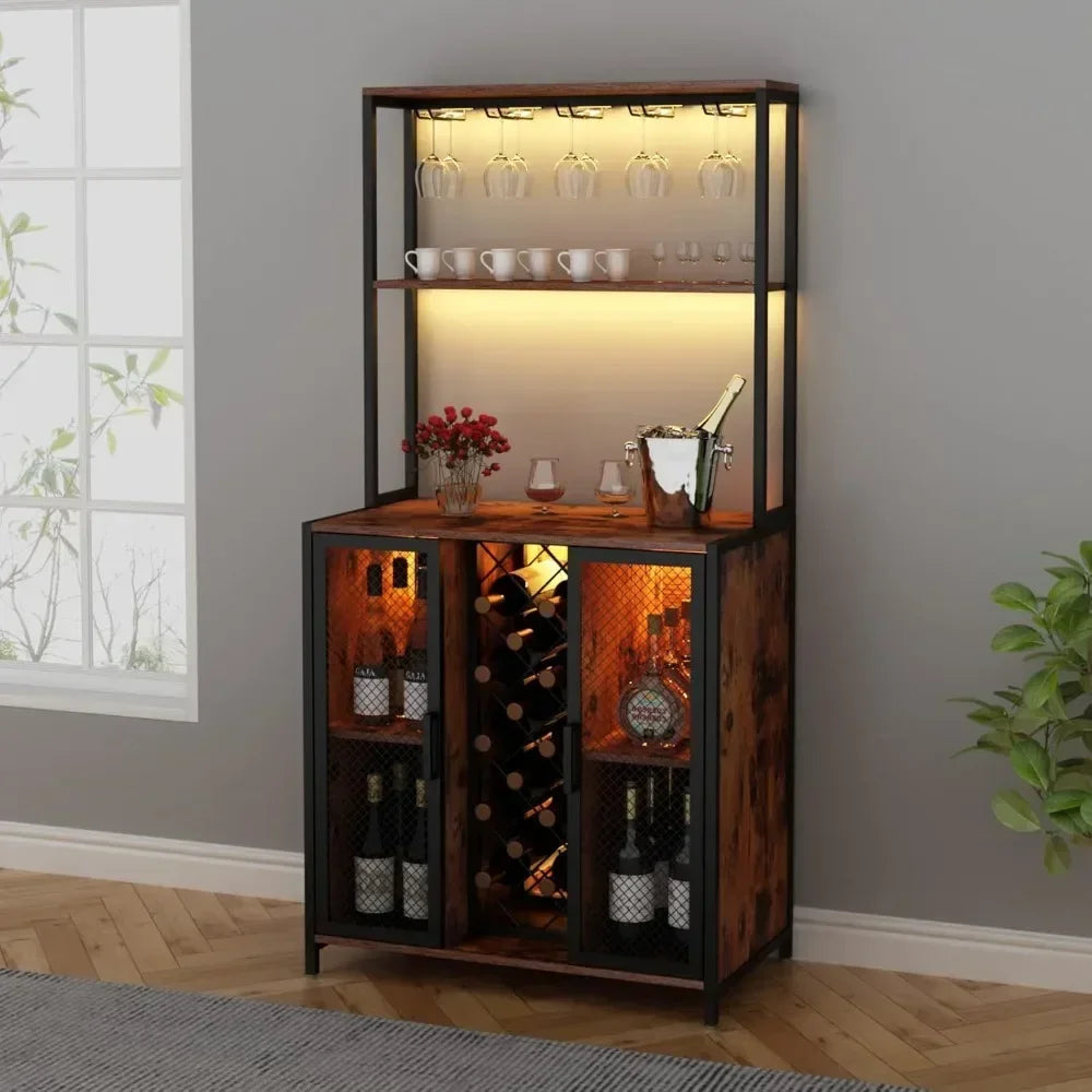 Wine Bar Cabinet with LED Lights Adjustable Shelves Industrial Coffee Bar
