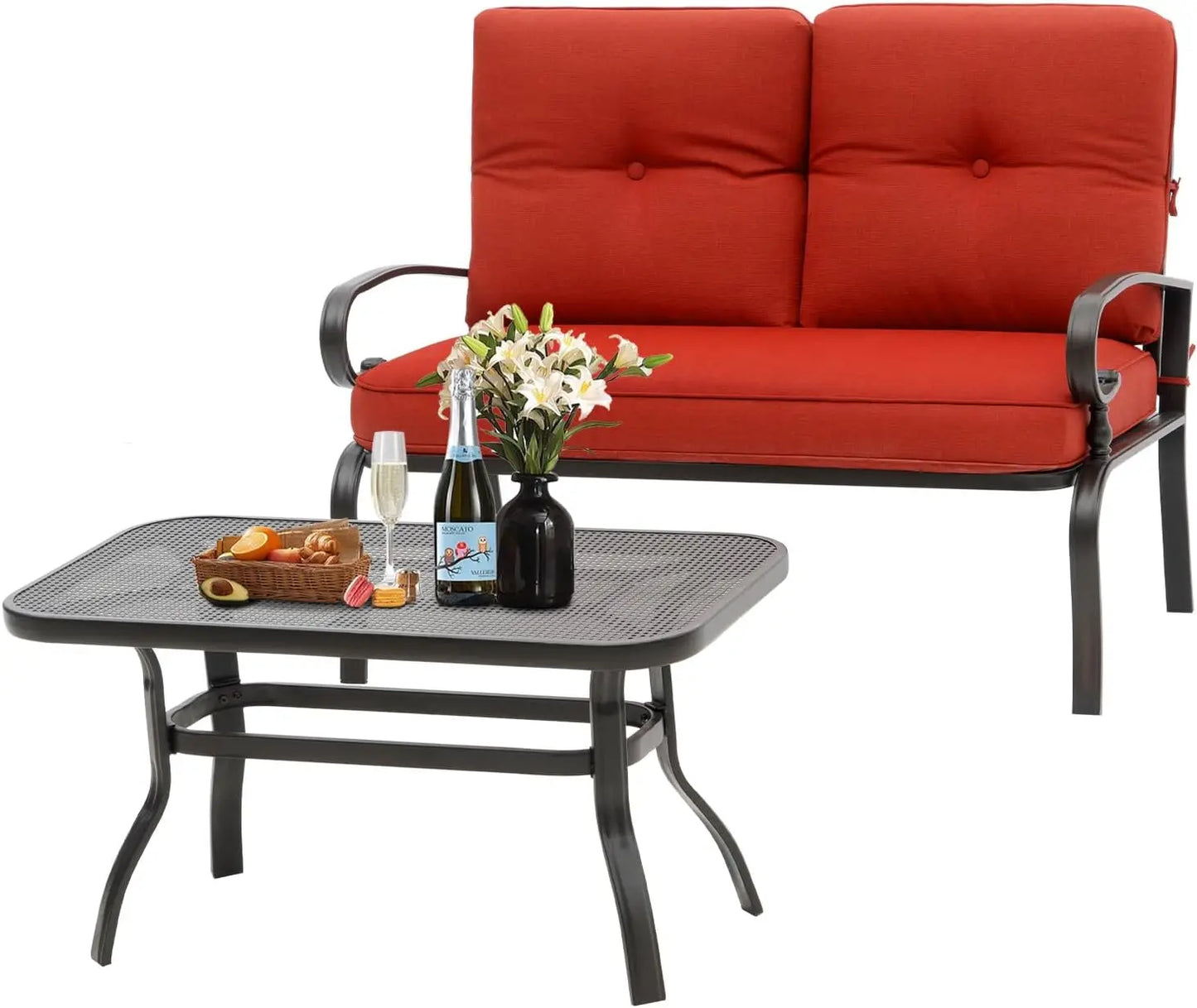 Outdoor Patio Loveseat Set with Thick Cushions and Coffee Table