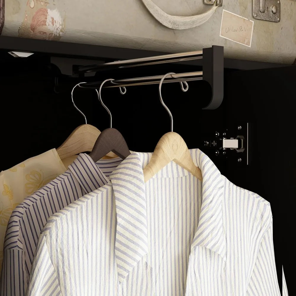 Wardrobe Armoire Closet with Mirror and Drawers Extendable Rod