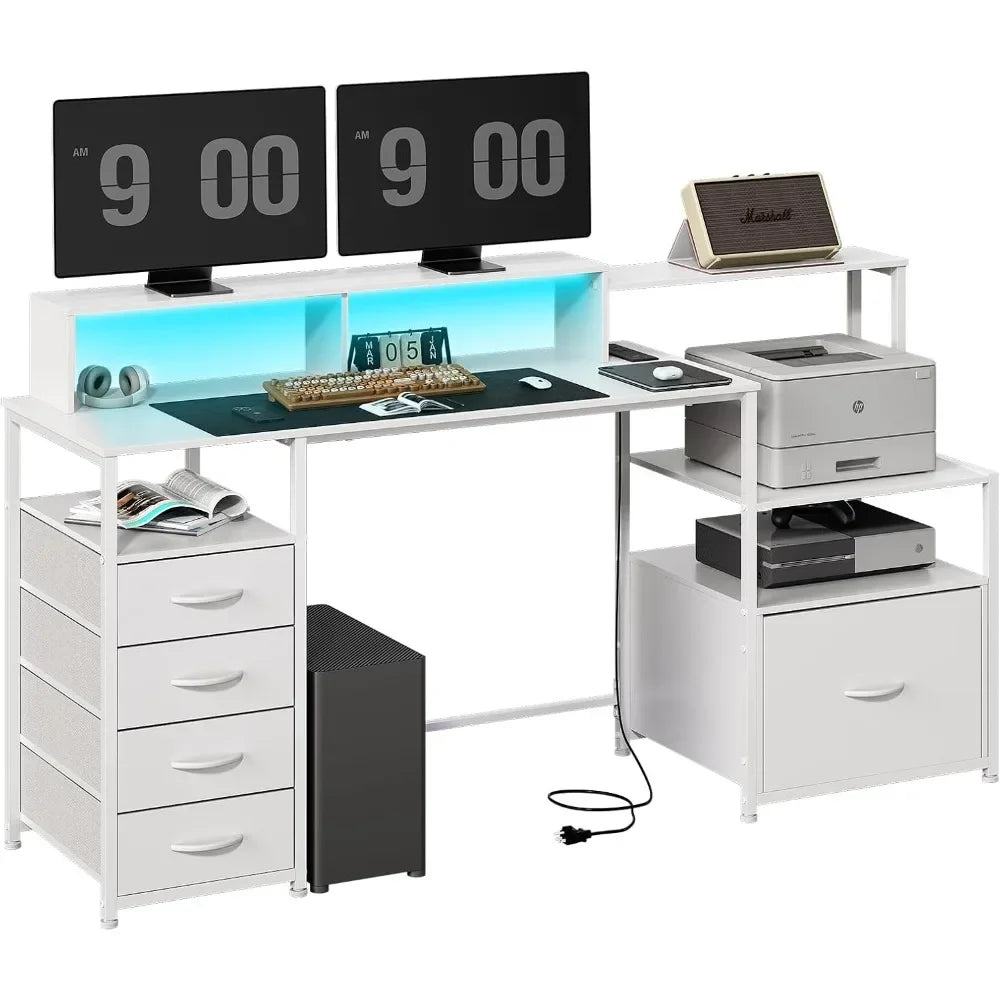 67 Inch Modern Computer Desk with Drawers Power Outlet LED Lights Gaming
