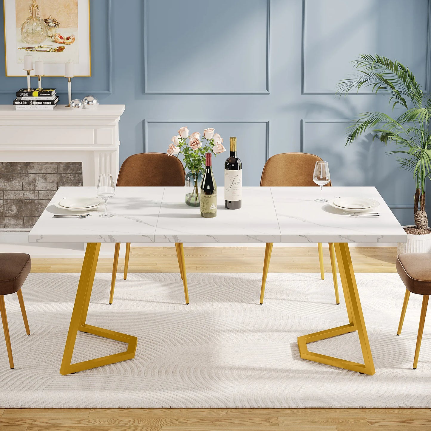 Ljustra 63 Inch Dining Table Rectangular Kitchen Faux Marble Modern Design