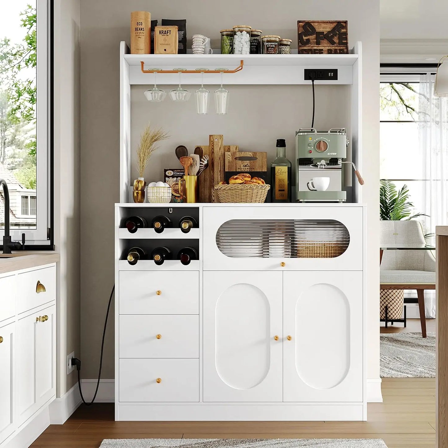 Kitchen Pantry Storage Cabinet Buffet Coffee Bar with Charging Ports