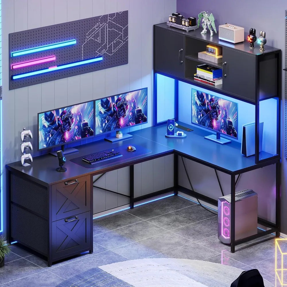 L Shaped Corner Computer Desk with Drawers Power Outlet Gaming Desk