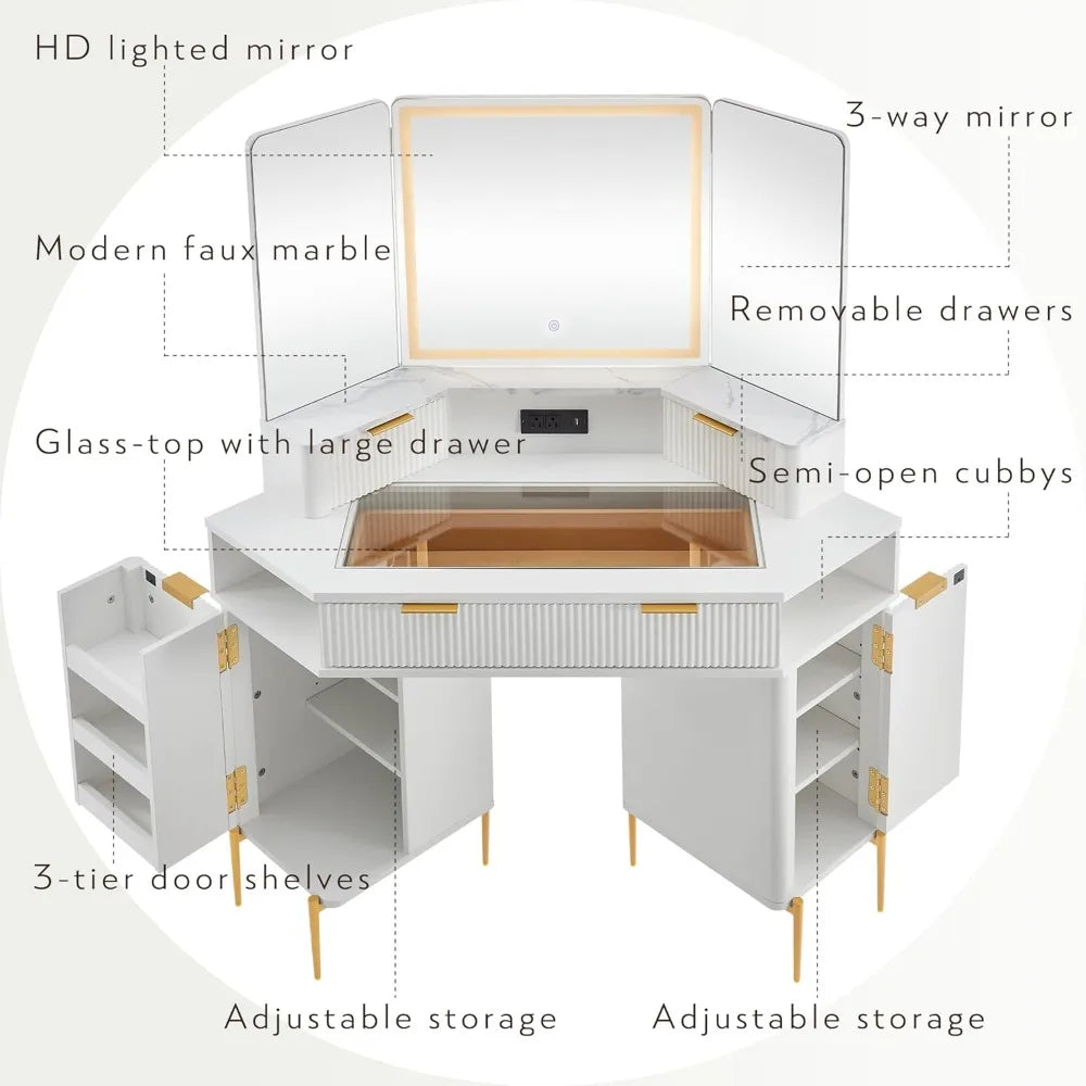 Corner Vanity Desk with Mirror Lights Storage and Charging Outlet