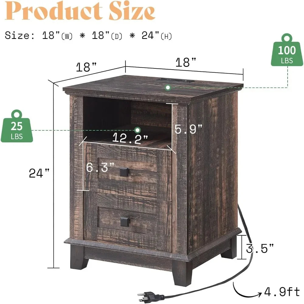 18 Farmhouse End Table Nightstand with Charging Station and 2 Drawers