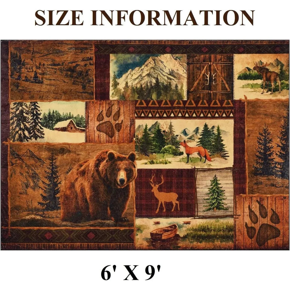 Farmhouse 6x9 Area Rug Buffalo Plaid Lodge Bear Moose Deer Living Room