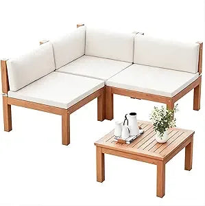 Outdoor Sectional Couch Patio Sofa Set with Acacia Wood Coffee Table