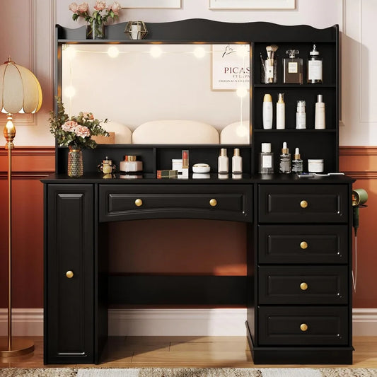 Makeup Vanity with Mirror and Lights Large Black Dressing Table