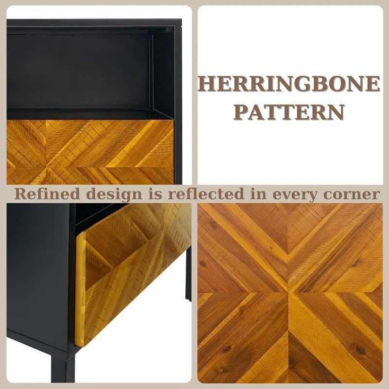 Vivian Solid Wood Nightstand Herringbone Pattern Rustic Bedroom Furniture