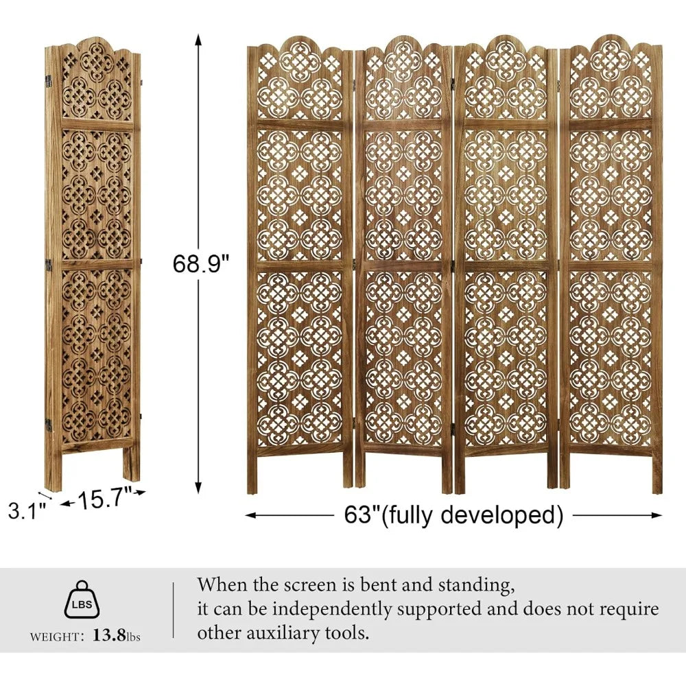Ljustra 68.9 Inch Folding Room Divider 4 Panels Wood Carved Privacy Screen