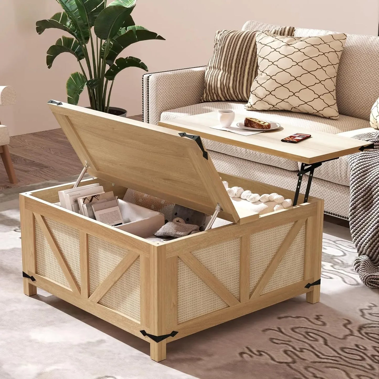 Lift Top Coffee Table Rattan Center Table Large Storage Farmhouse Style