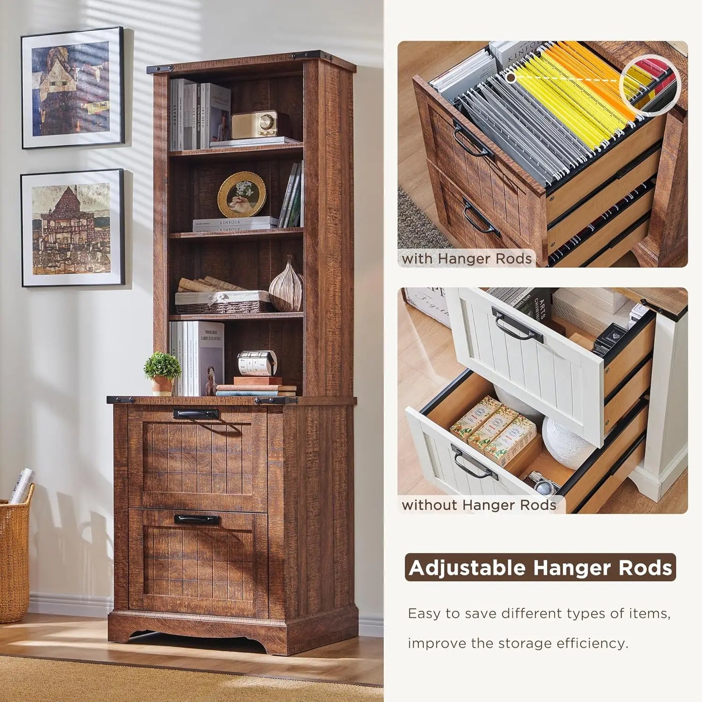 Bookcase with 2 File Drawers 72 Inch Rustic Wood Bookshelf Storage