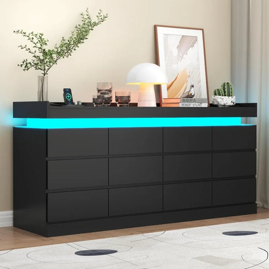 12 Drawer Dresser with LED Light and Power Outlet Modern Storage Solution