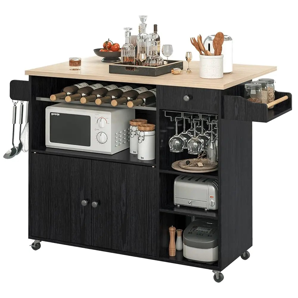 Rolling Kitchen Island Cart with Drop-Leaf Wine Rack and Drawer
