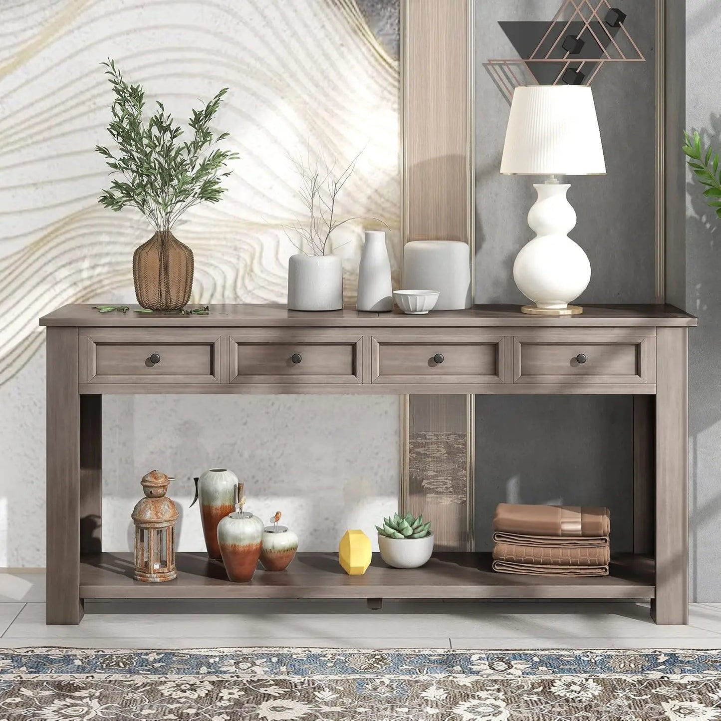 64 Inch Rustic Console Table with Drawer Shelf Storage for Entryway