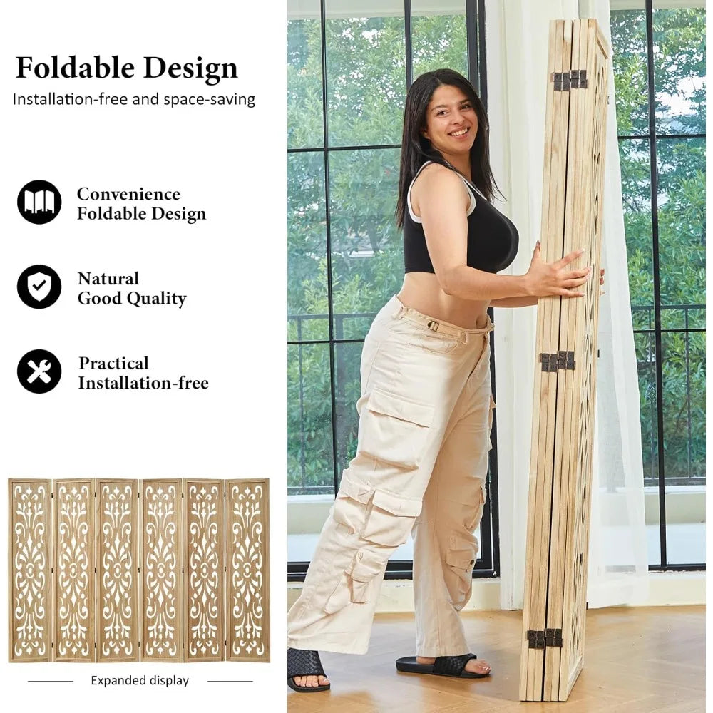 5.6Ft Room Divider Folding Wood Carved Partition Screen 6 Panels