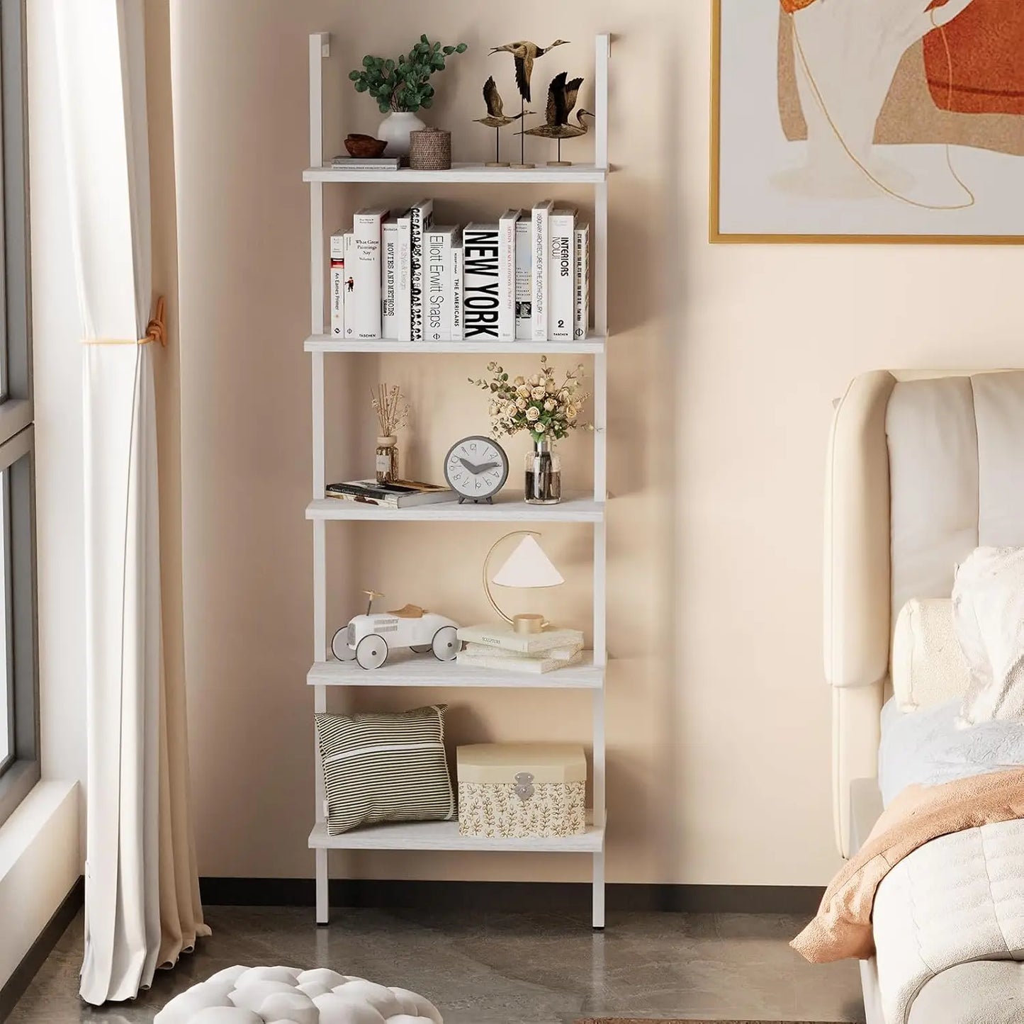 Ladder Shelf 5-Tier Wooden Bookshelf Wall-Mounted Plant Stand Utility