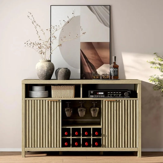 Fluted Bar Cabinet Modern Sideboard Buffet with Wine Rack Adjustable Shelves