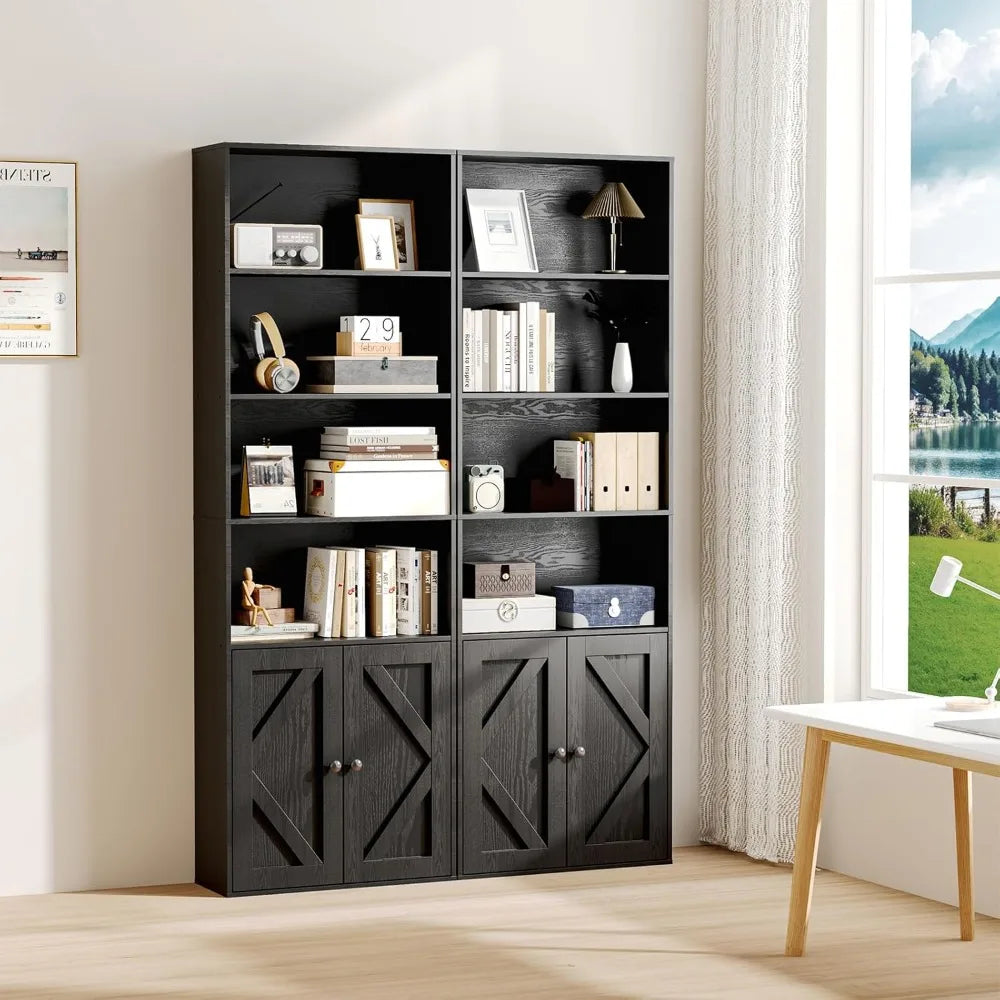Wooden Bookshelves Bookcases with Doors 6 Shelf Storage Display 70.86in