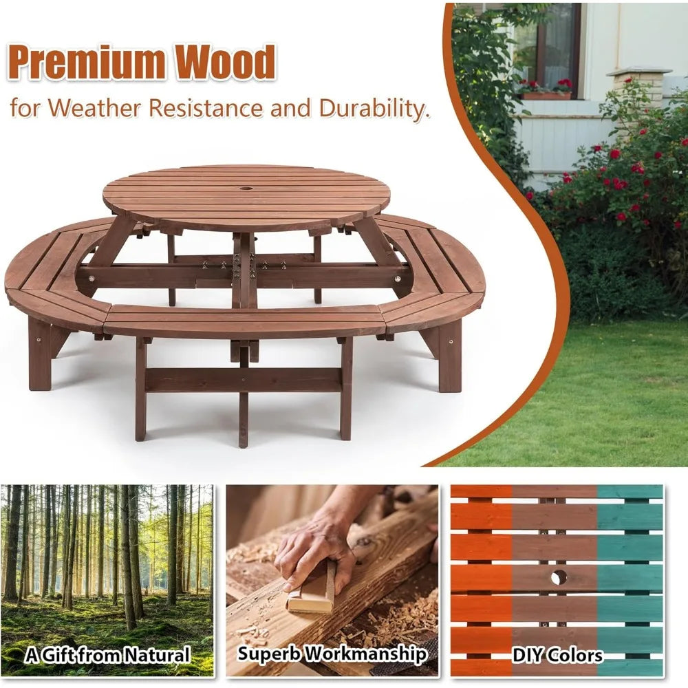 10 Person Solid Wood Outdoor Round Picnic Table and Bench Set