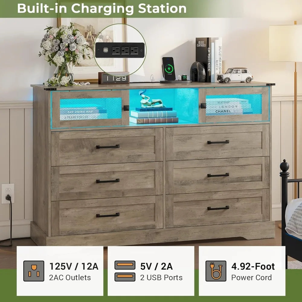 6 Drawer Dresser with LED Lights Charging Station Farmhouse Organizer