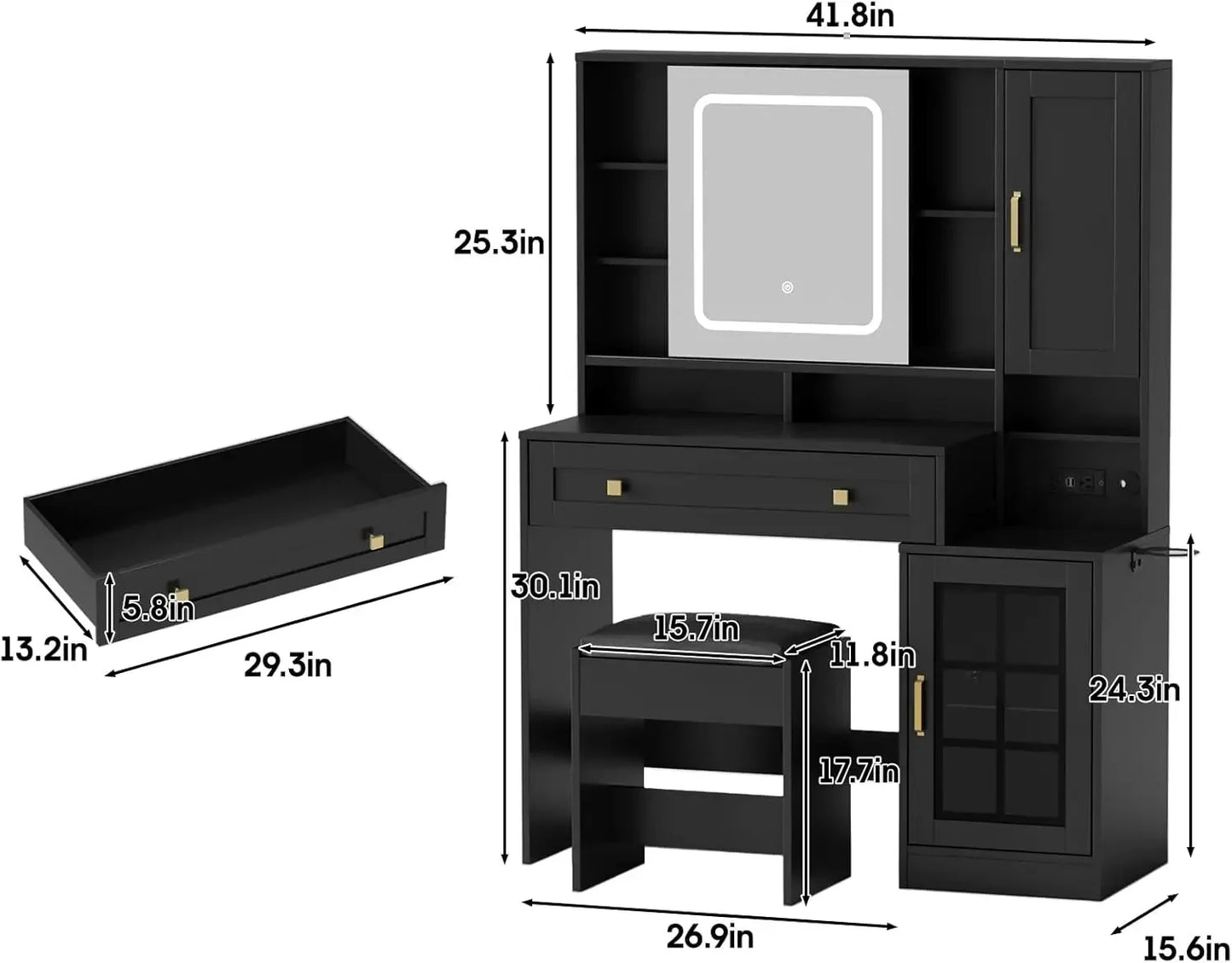Ljustra Vanity Desk with Sliding Mirror Charging Station Stool Jewelry Storage
