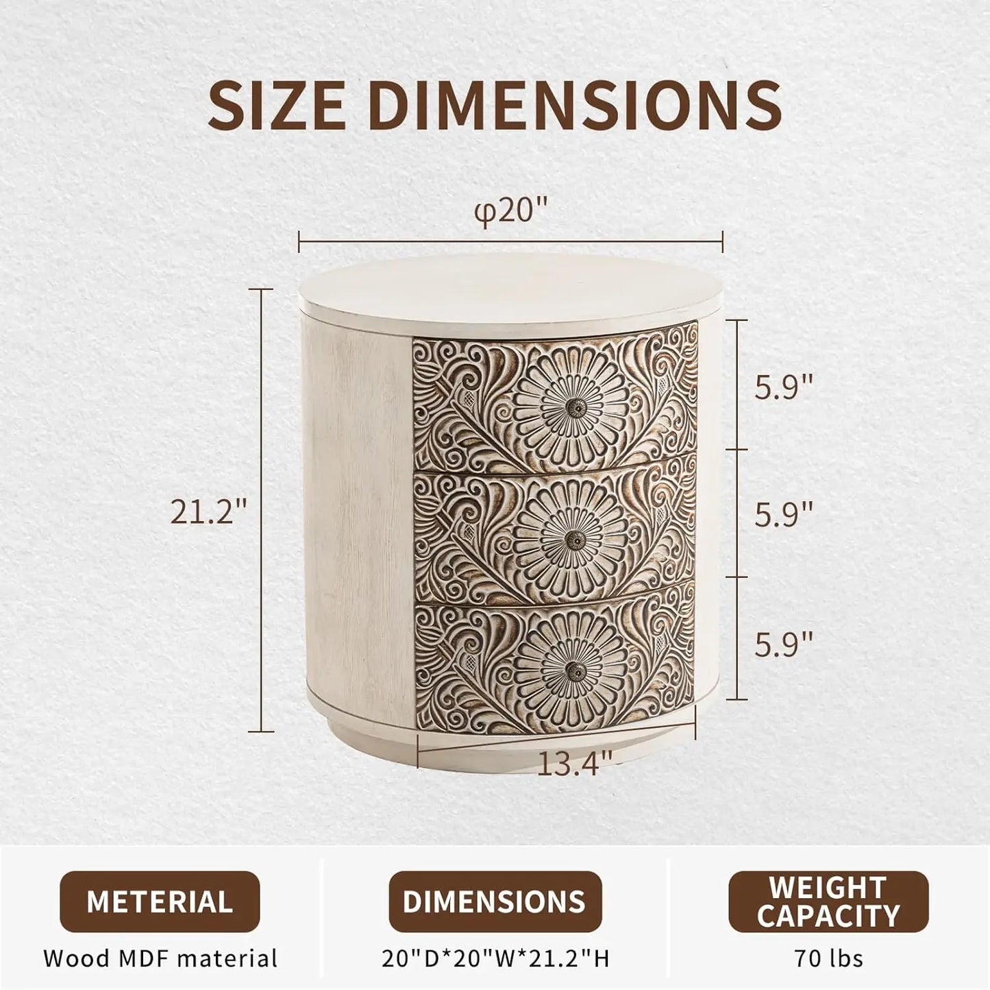 3 Drawer Chest Nightstand MDF Round Storage Cabinet Retro Whitewash