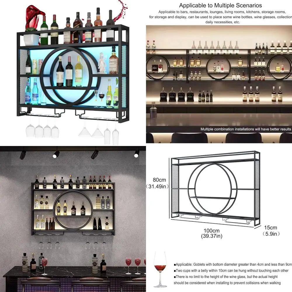 Wall Mounted Wine Rack with Floating Shelves LED Lighting Glass Holder