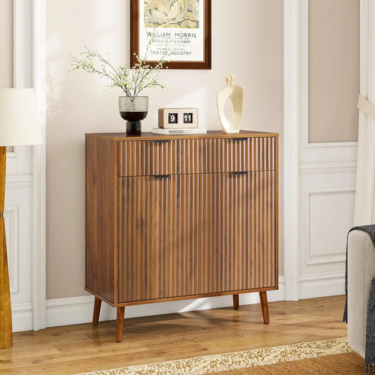 Fluted Sideboard Buffet Cabinet with Storage Adjustable Shelf Solid Wood Feet