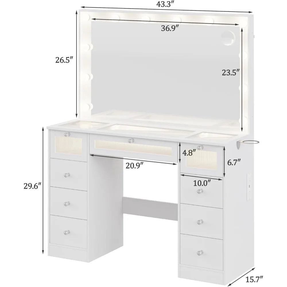 9 Drawers Vanity Desk with Large Mirror and Lights for Makeup