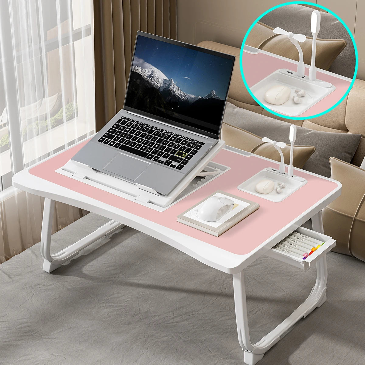 Foldable Portable Adjustable Height Laptop Bed Desk with Storage