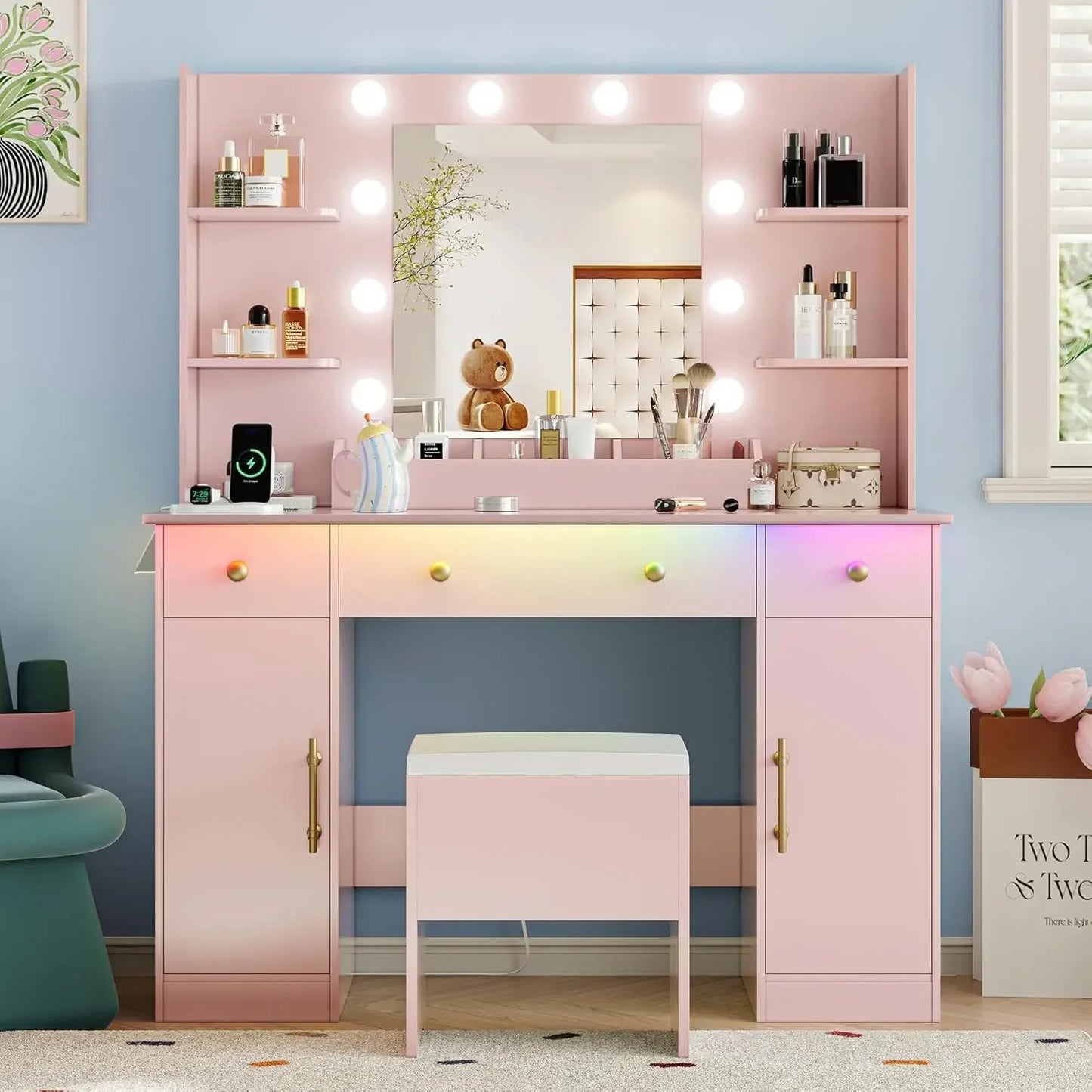 Vanity Desk with Mirror and Lights 43 Inch Makeup Table with Chair