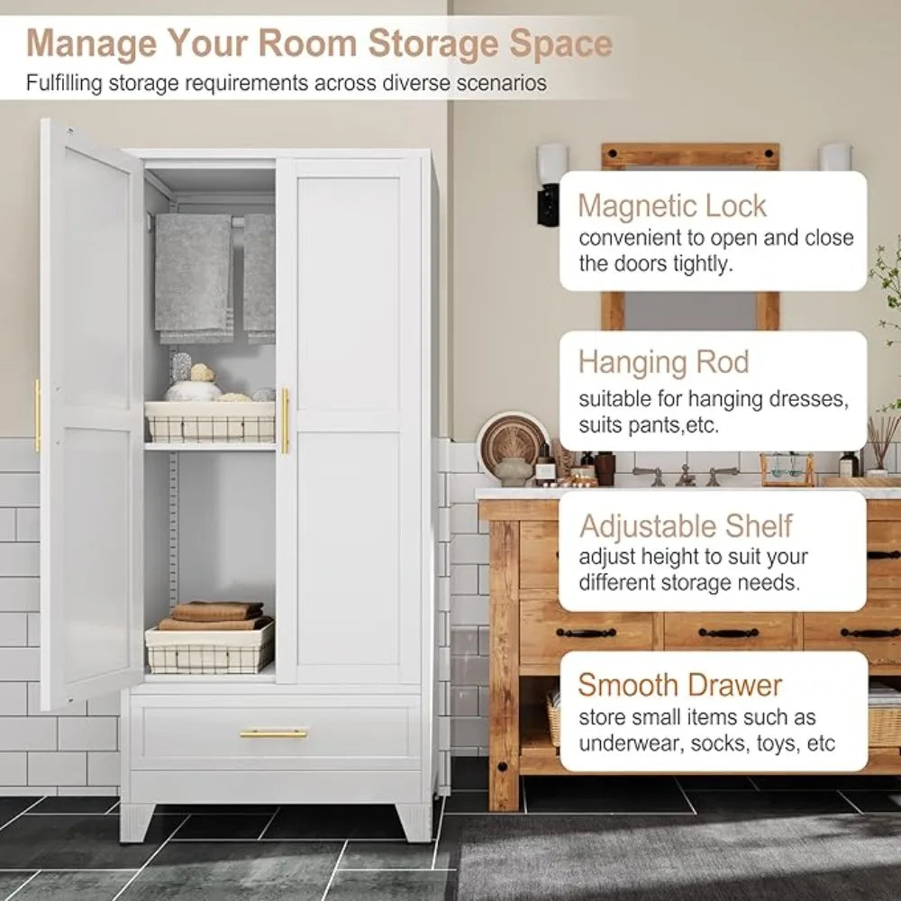 2 Doors Wardrobe, 71'' Metal Wardrobes Closet with Drawers and Hanging Rod, Metal Closet with Adjustable Shelves for Bedroom