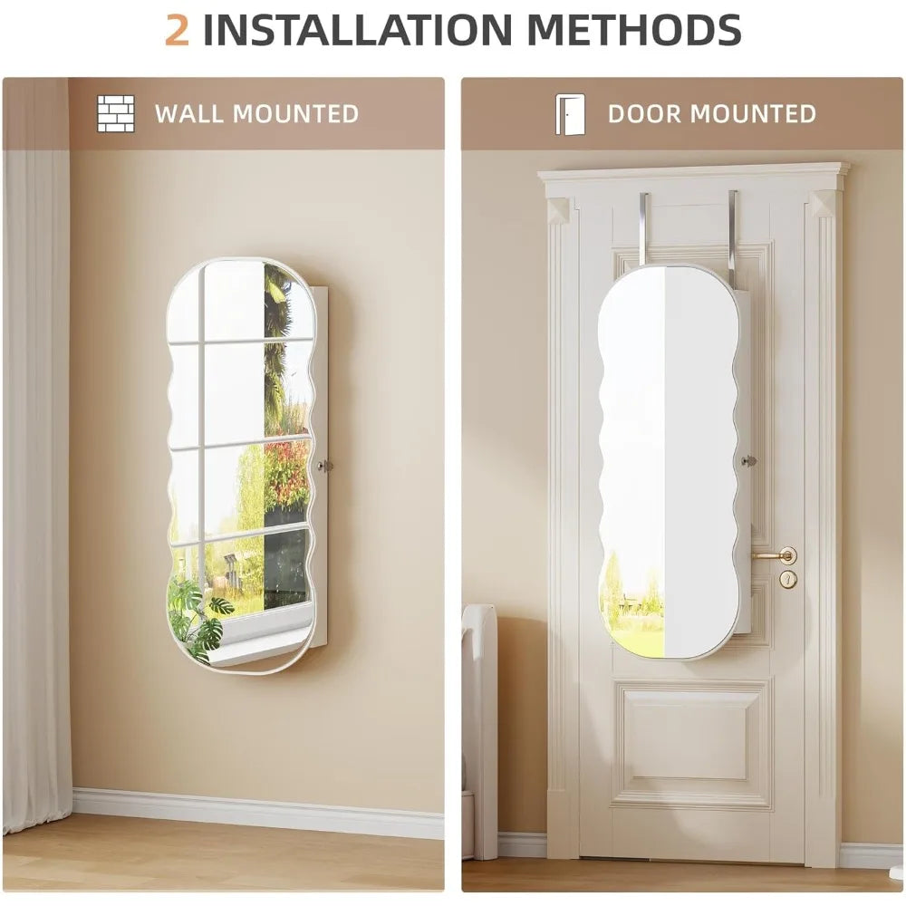 Jewelry Armoire with LED Lights Lockable Wavy Mirror Jewelry Organizer