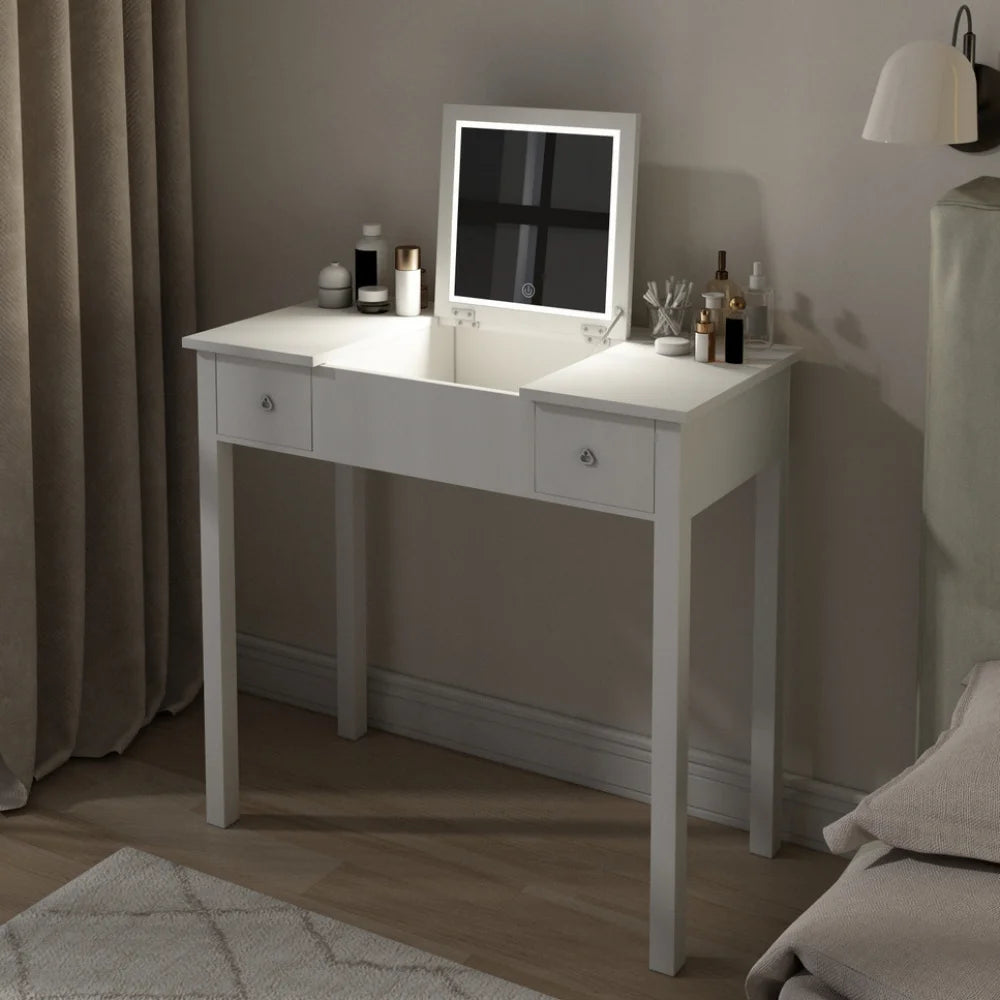 Elegant Black Vanity Table with LED Mirror and Jewelry Storage