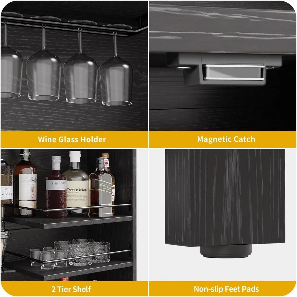 Farmhouse Bar Cabinet with LED Lights Wine Rack and Liquor Dispenser