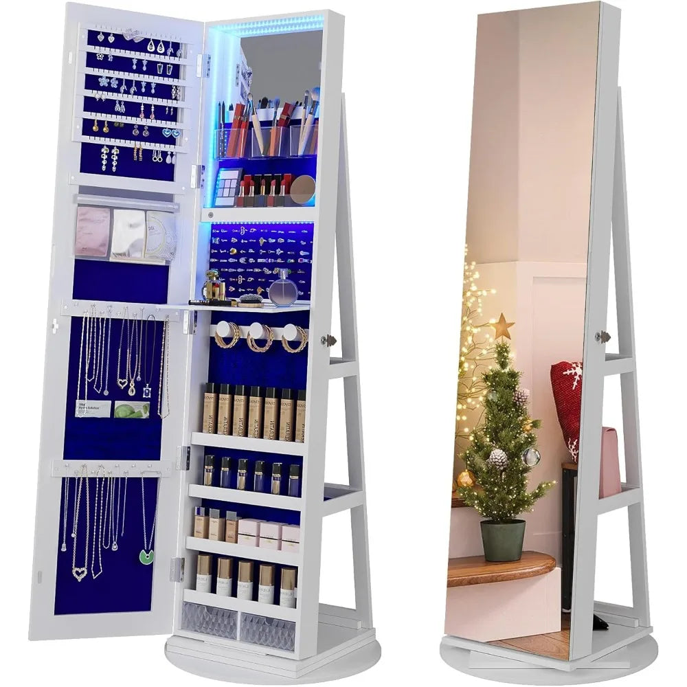 360° Swivel Jewelry Organizer with LED Mirror Storage Cabinet