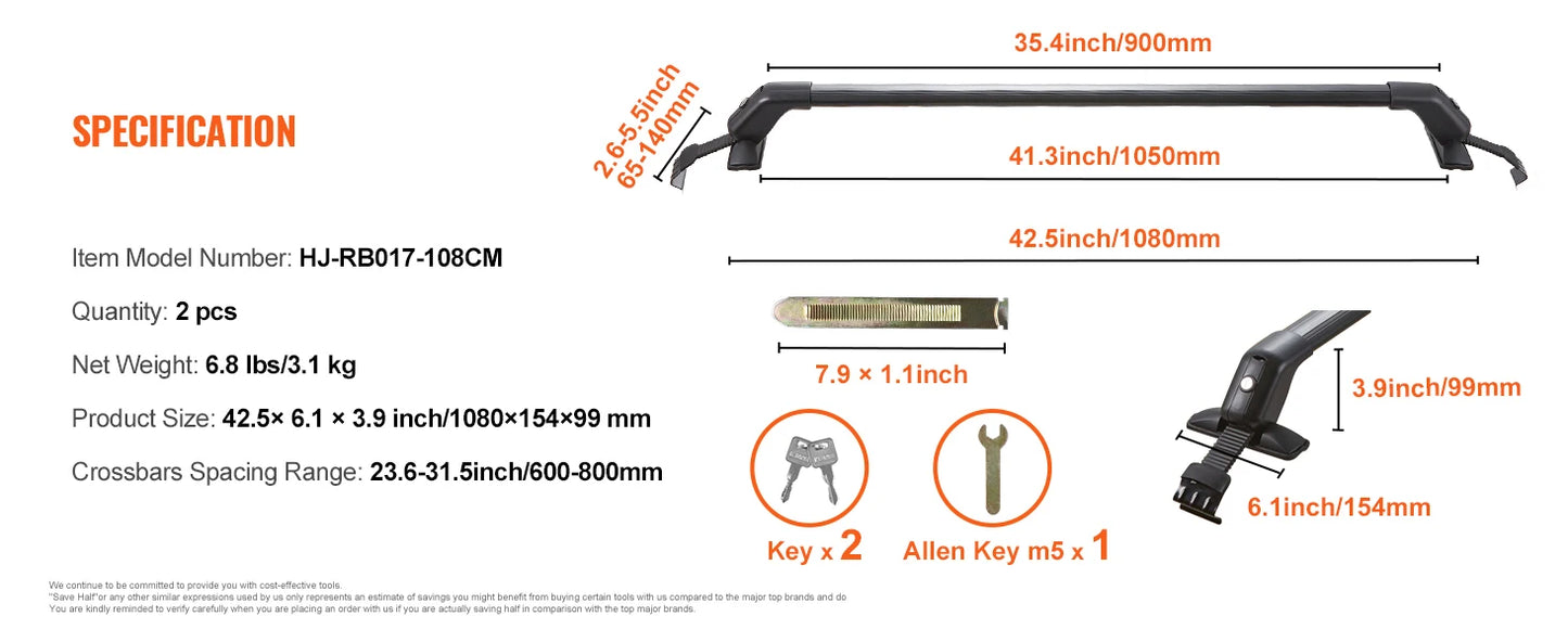 Ljustra 155LBS Roof Rack Crossbar Adjustable Aluminum Carrier