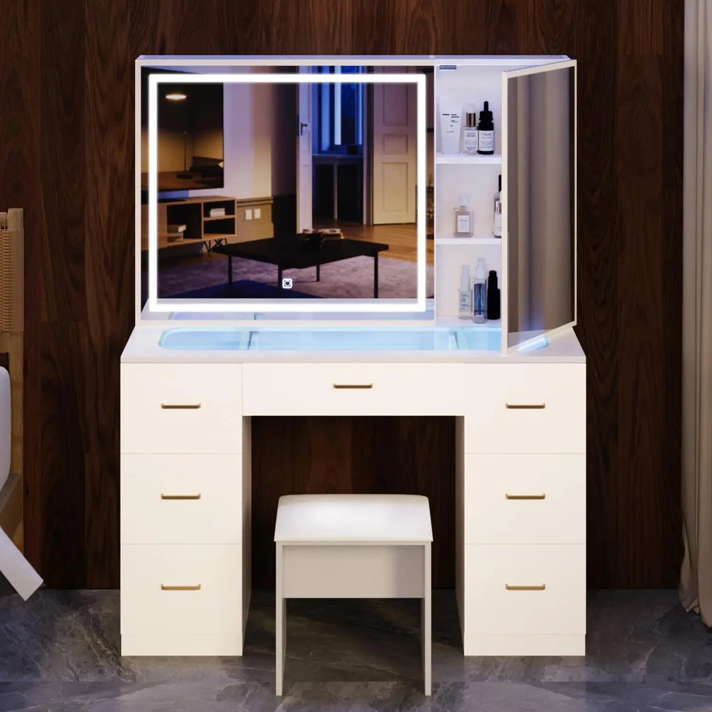 Modern Vanity Desk with Lighted Mirror Charging Station Makeup Table