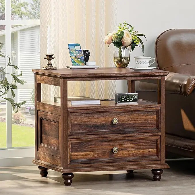 Farmhouse Nightstand with Charging Station 2 Drawers White End Table