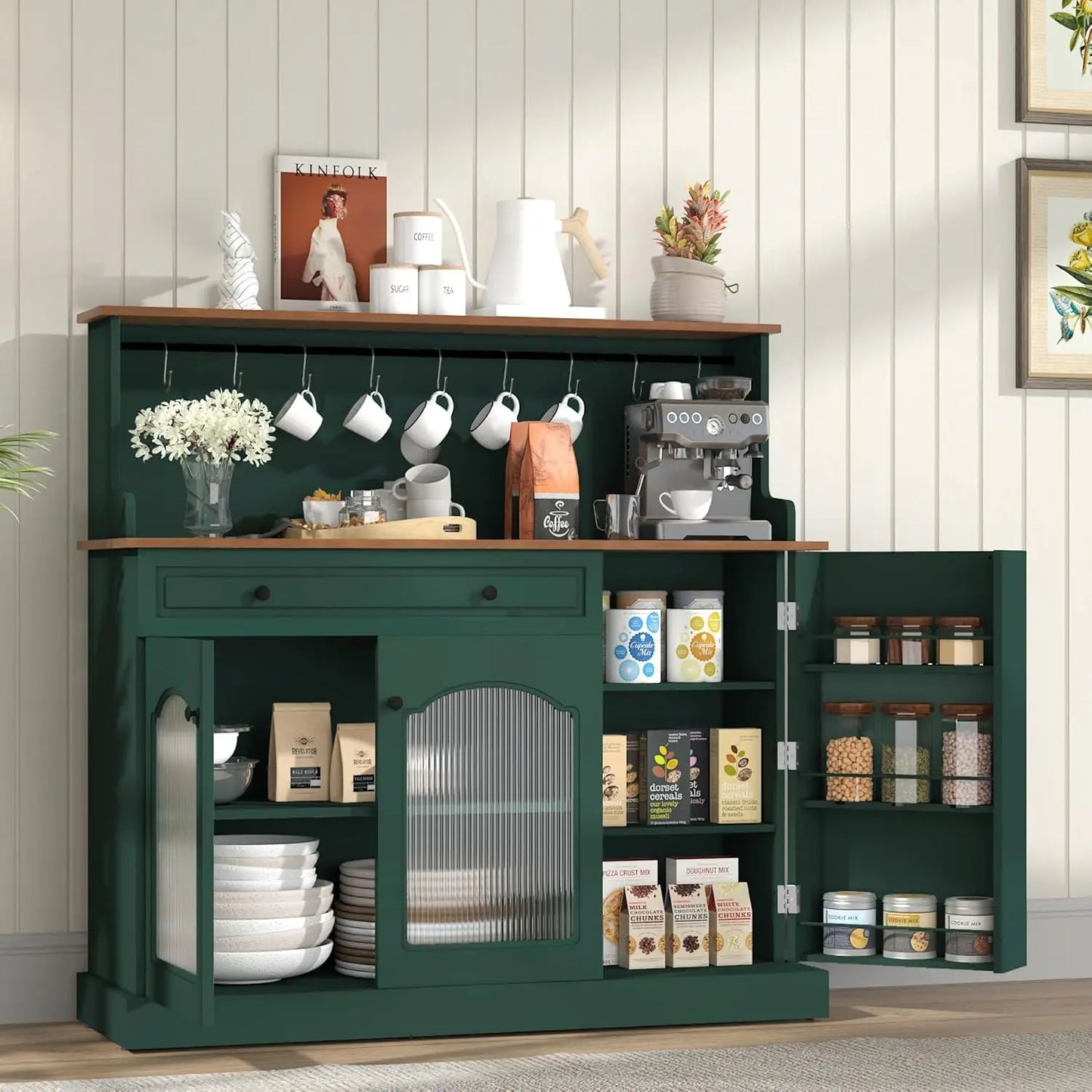 48 Inch Kitchen Pantry Wood Coffee Bar Cabinet with Glass Doors