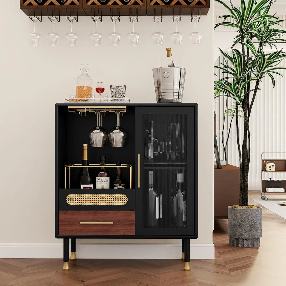 Modern Coffee Bar Cabinet with Wine Glass Rack and Drawers Storage