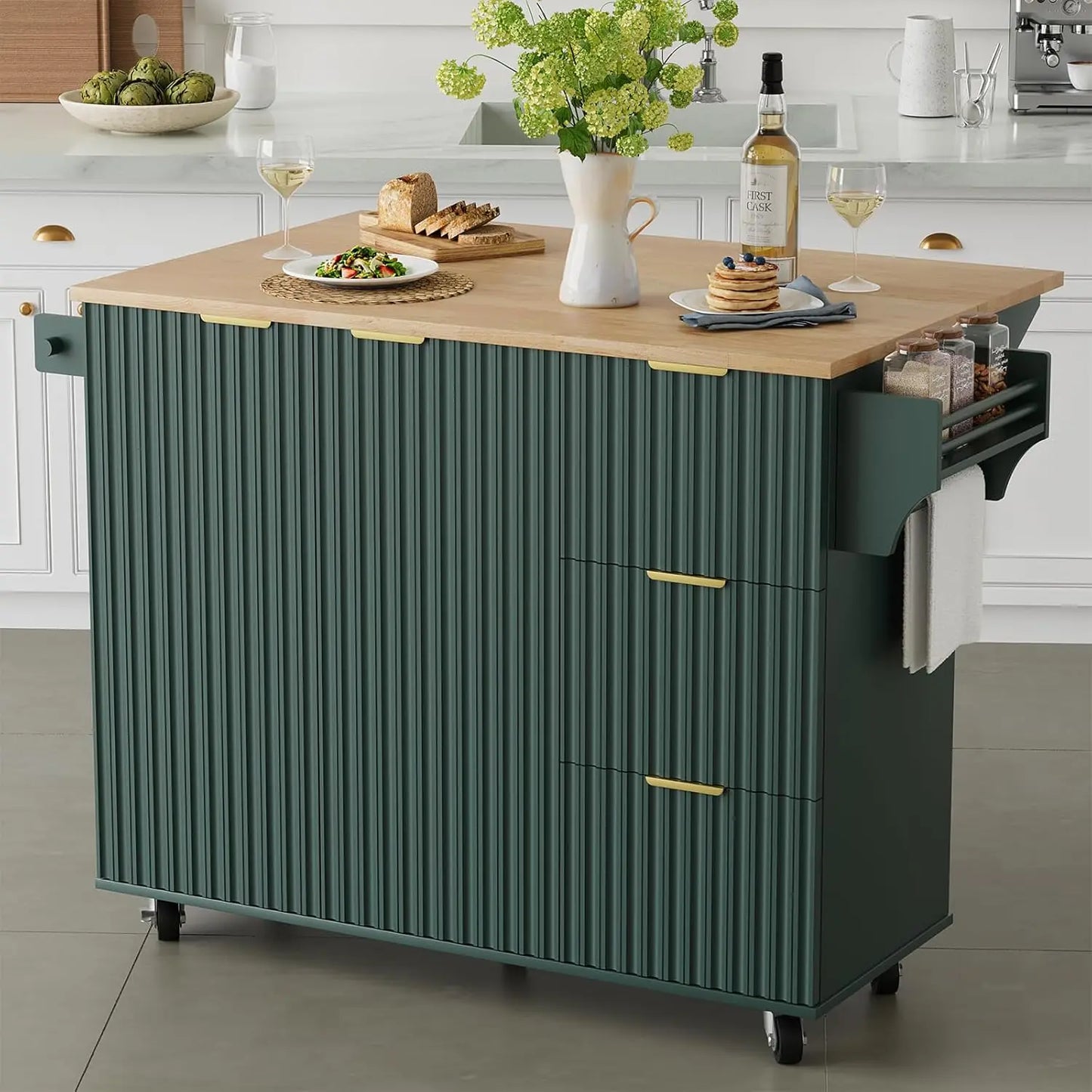 Rolling Kitchen Island with Trash Can Storage and Drop Leaf Design